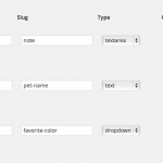 Admin screen with custom fields configurations where you set the custom field name, slug, field type, optional options and which sheets it applies to.