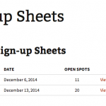 Listing of current sign-up sheet in a table showing the title, date and open spots.
