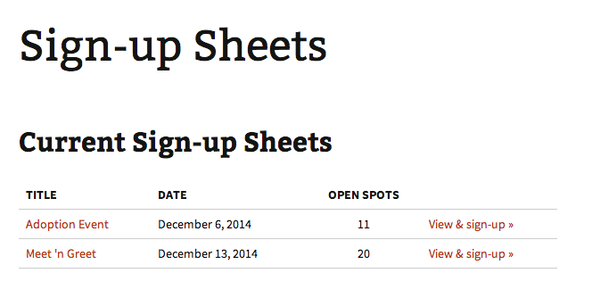 Listing of current sign-up sheet in a table showing the title, date and open spots.