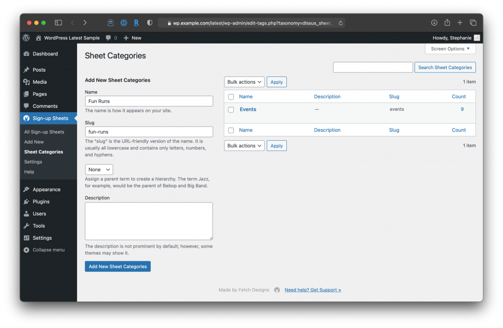 Admin screen for creating Sheet Categories similar to blog post categories