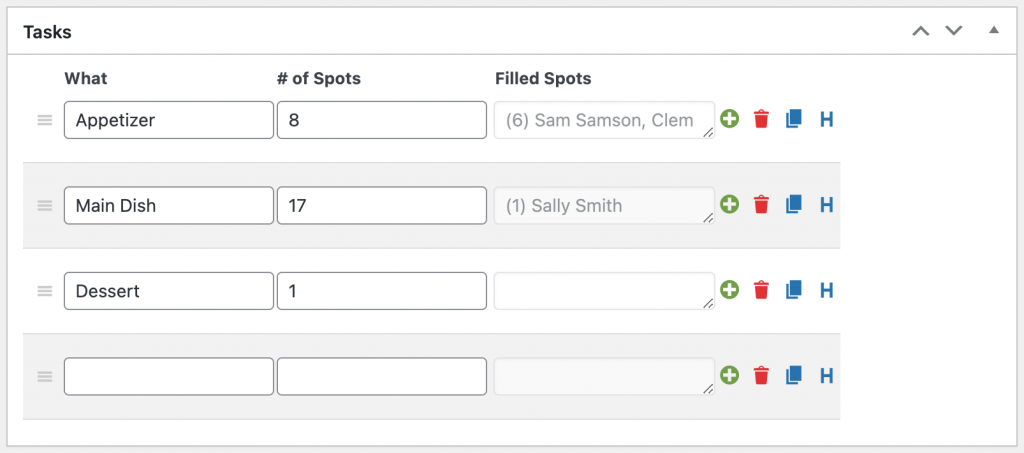 A "Filled Spots" column is added to the Task list in the admin Edit Sheet page which displays a text area with a count and the full names of all signups. (PRO)