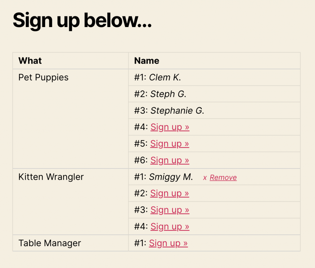 Screenshot of Sign-up Sheet page showing a table listing tasks and open/filled spots on each.