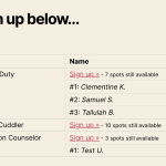 Semi-compact display mode is a table with only one row for each filled spot with a user's name as well as one additional row at the top of each task with the signup link and text explaining how many spots are still available.