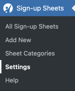 Sign-up Sheets admin menu with the "Settings" page highlighted