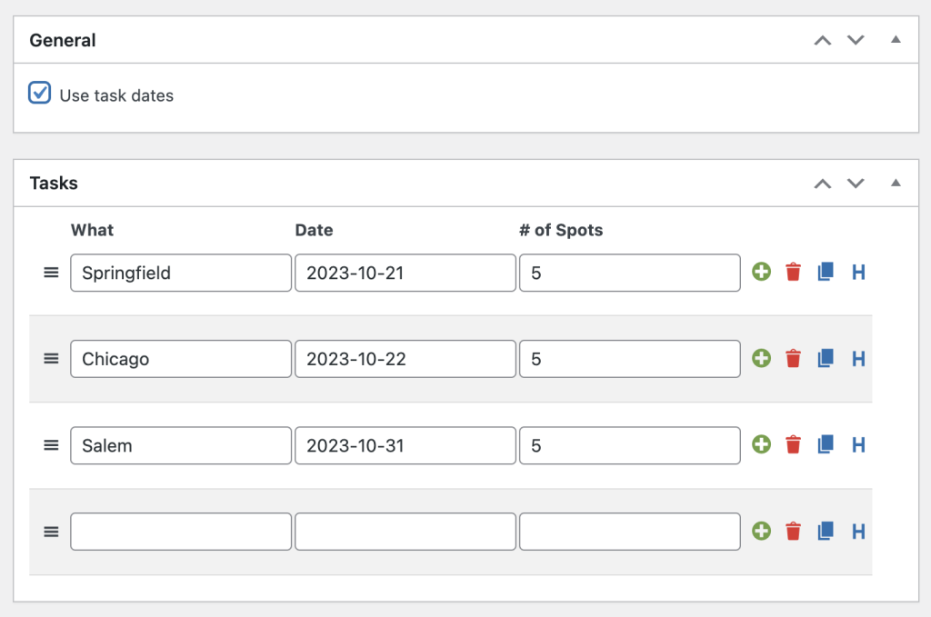 Admin screen showing task dates enabled with a new column to enter a date for each task on the sheet.